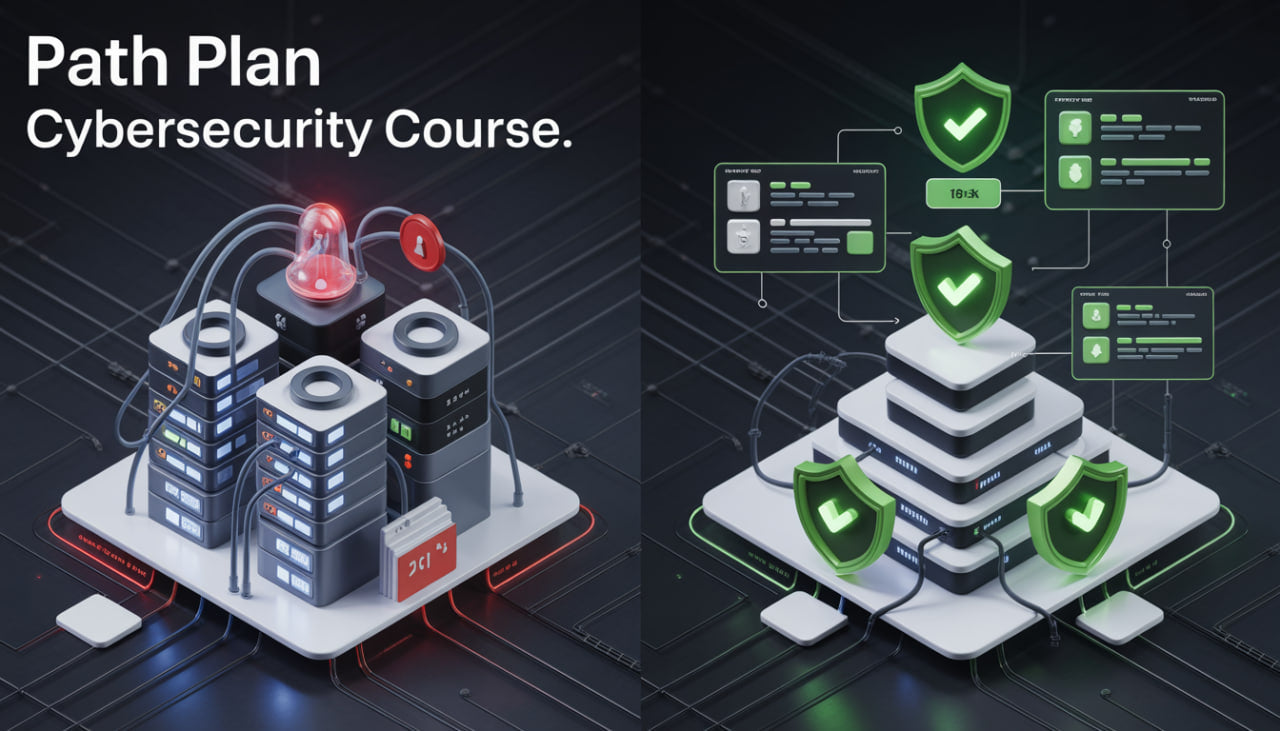 Cybersecurity course path plan with digital security icons and structures on a dark background.