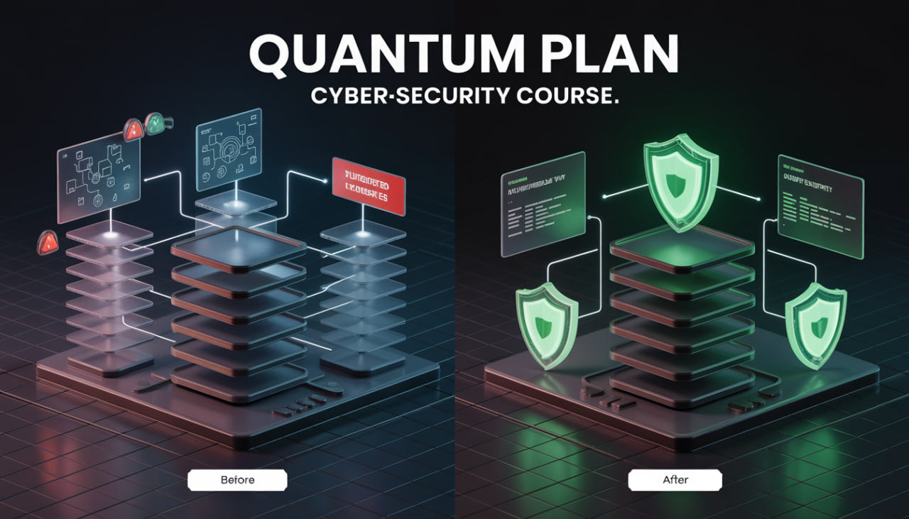 Quantum Plan cyber-security course with digital security icons and text on a dark background