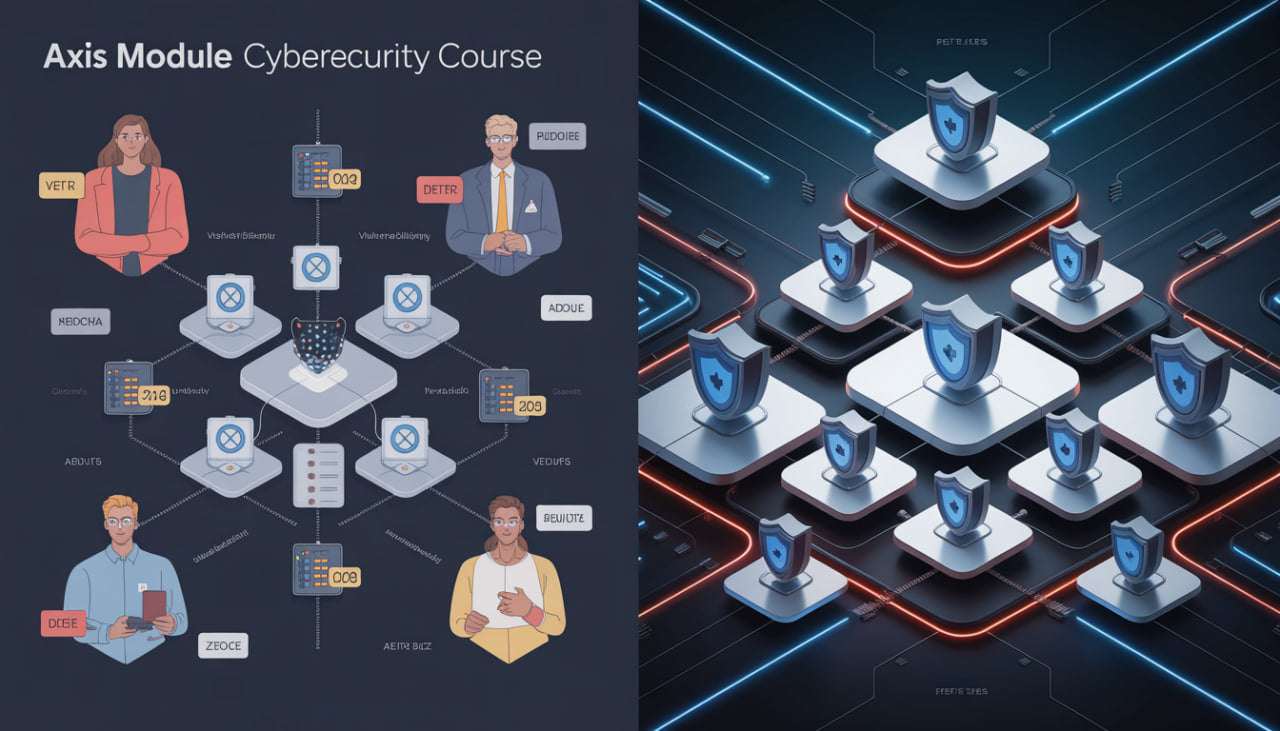 Cybersecurity course module with network diagram and security system illustration.