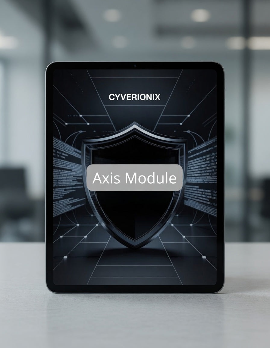 Tablet displaying Cyverionix Axis Module on a blurred office background