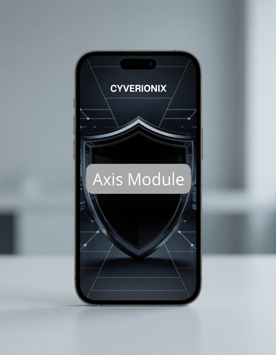Phone displaying Cyverionix Axis Module on a blurred background