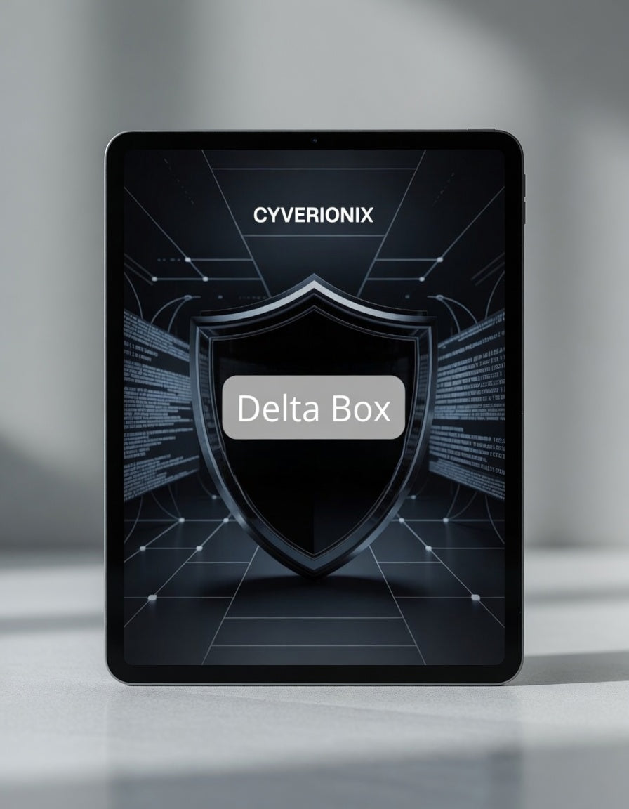 Cyverionix Delta Box on a tablet screen with a shield graphic