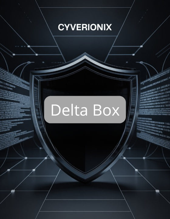 Shield with 'Delta Box' text on a dark background with 'Cyverionix' branding