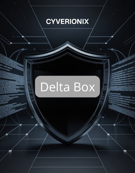 Shield with 'Delta Box' text on a dark background with 'Cyverionix' branding