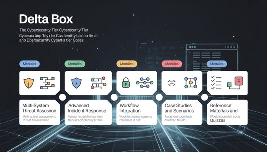 Diagram of Delta Box cybersecurity tier modules on a dark background