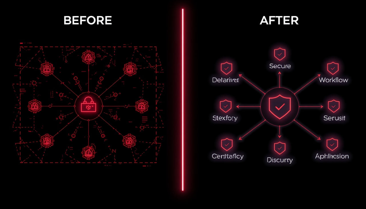 Comparison of a red security system diagram labeled 'Before' and 'After' on a black background.