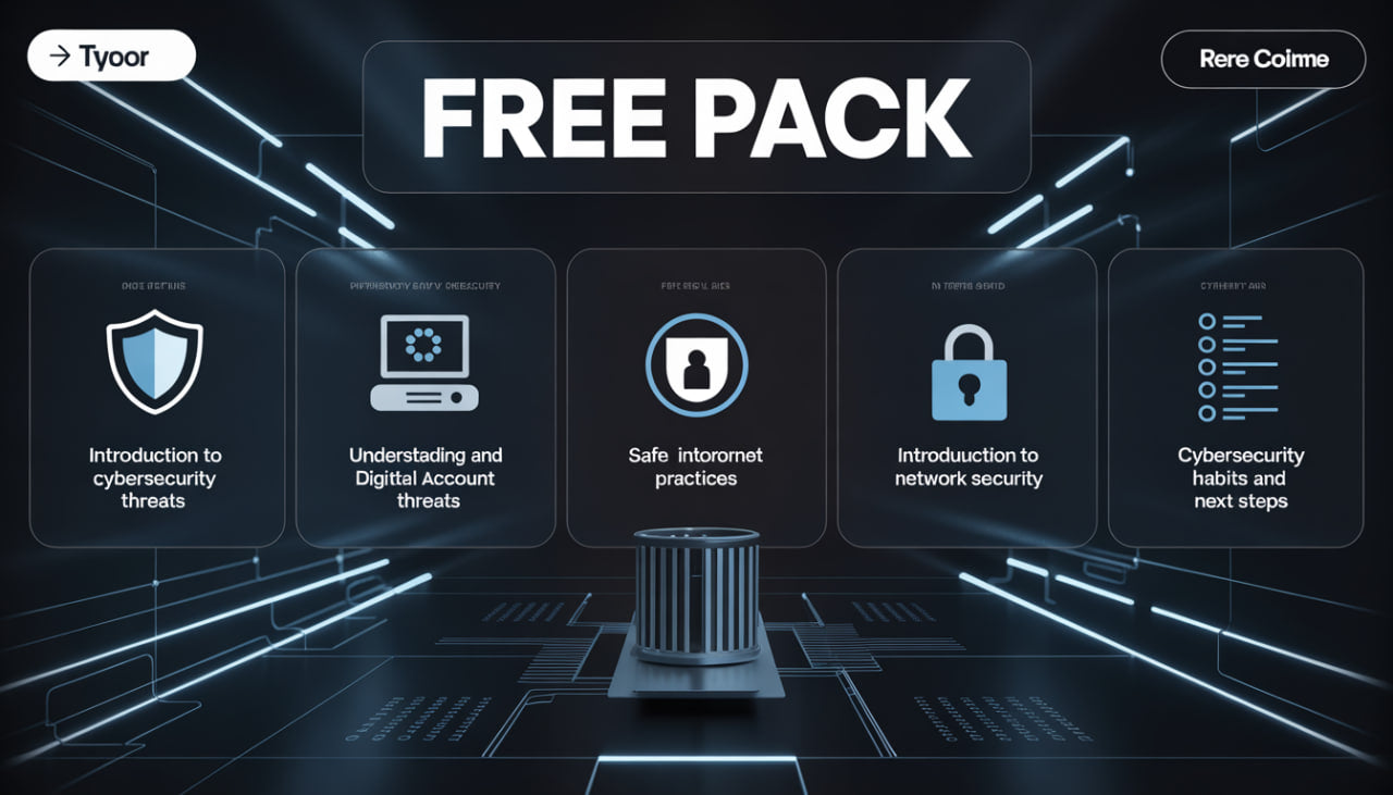 Free cybersecurity pack with icons and text on a futuristic background