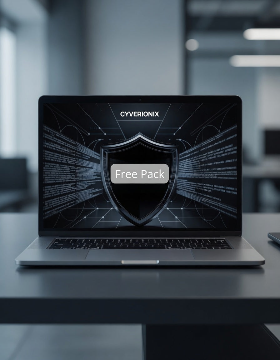 Laptop displaying Cyverionix software with a shield icon on a blurred office background