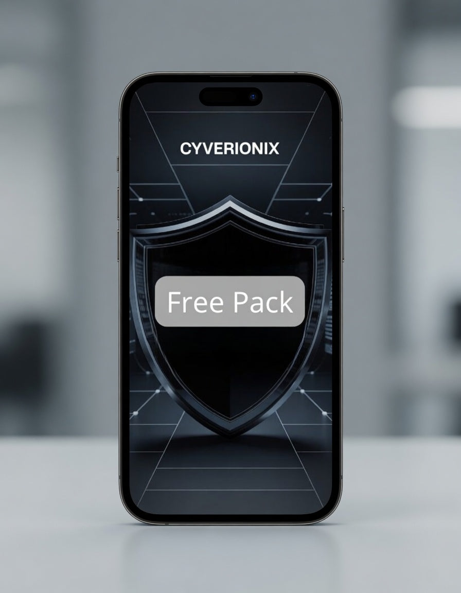 free pack logo on phone screen behind office