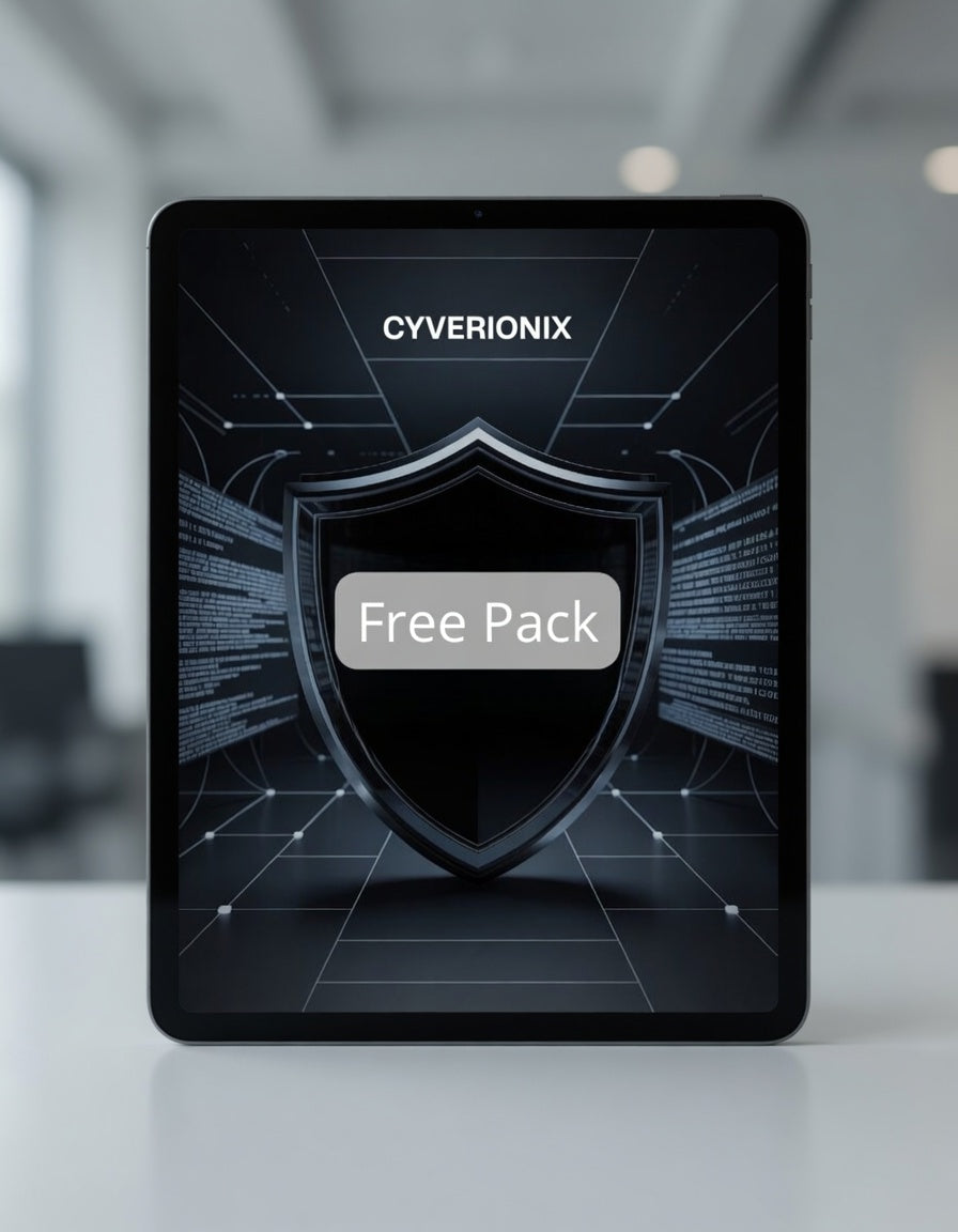 Tablet displaying Cyverionix logo and 'Free Pack' text on a blurred office background