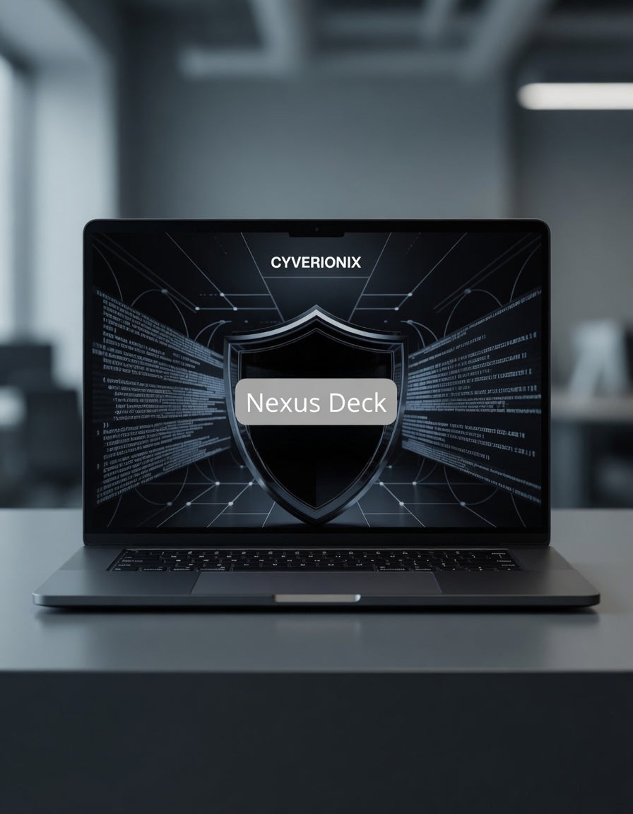 Laptop displaying Cyverionix Nexus Deck software on a blurred office background