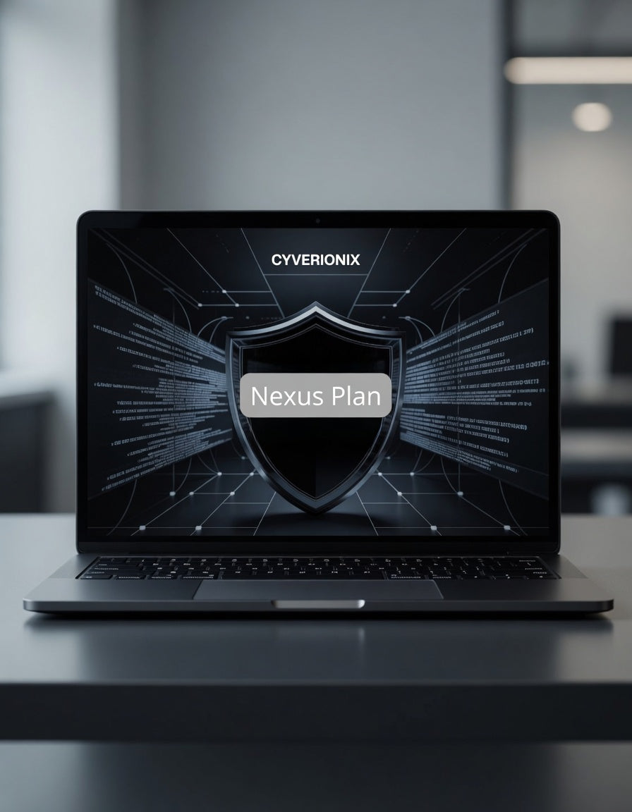 Laptop displaying Cyverionix Nexus Plan on a dark surface with blurred background