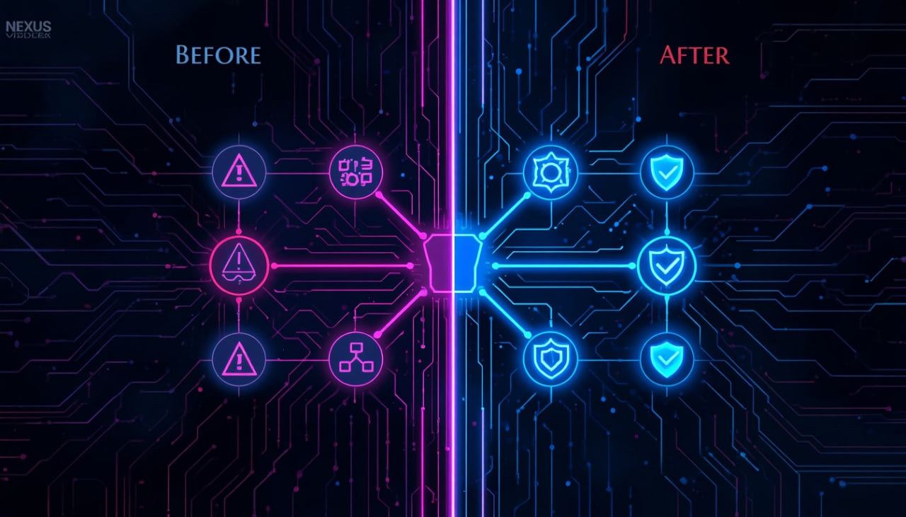Comparison of a circuit board design before and after modification, with blue and pink elements.