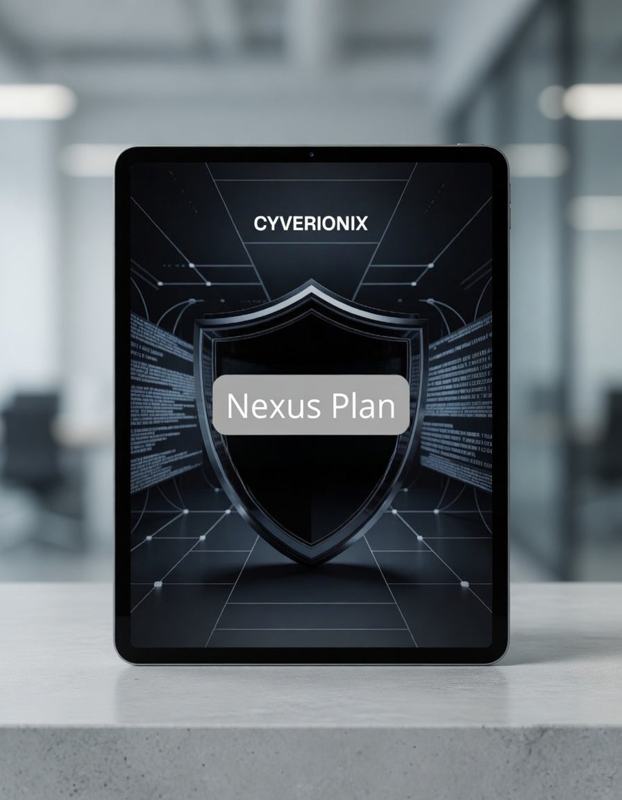 Tablet displaying Cyverionix Nexus Plan on a blurred office background