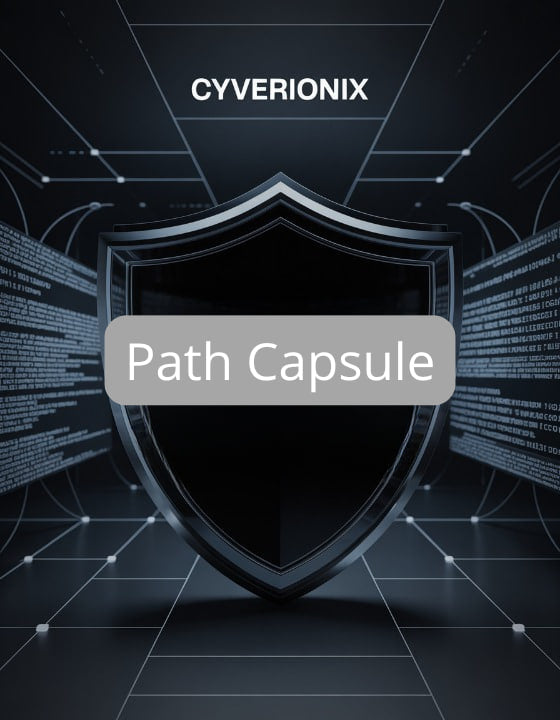 Shield icon with 'Cyverionix Path Capsule' text on a dark background with digital elements.
