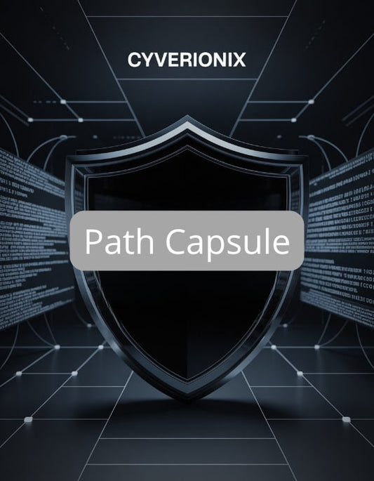 Shield icon with 'Cyverionix Path Capsule' text on a dark background with digital elements.
