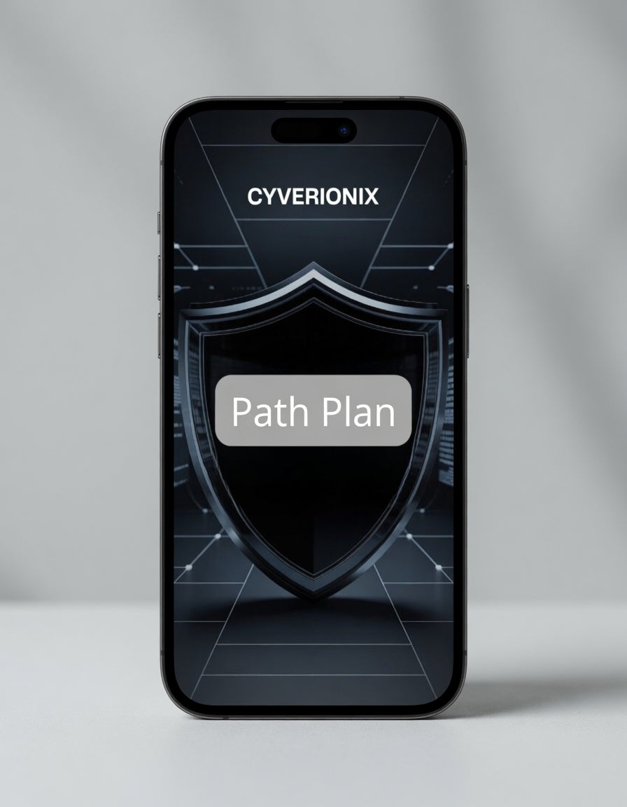 Phone case with Cyverionix branding on a gray background
