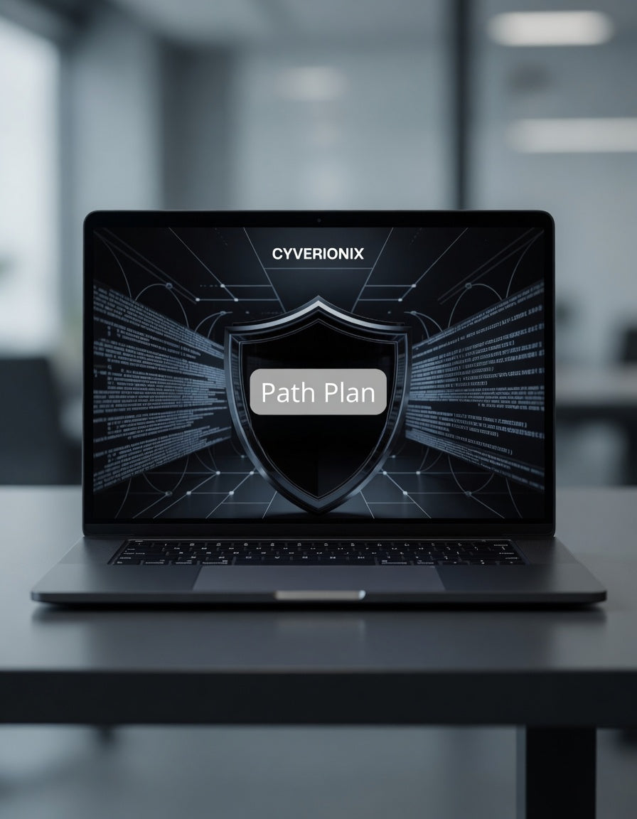 Laptop displaying Cyverionix software with a shield icon on a blurred office background
