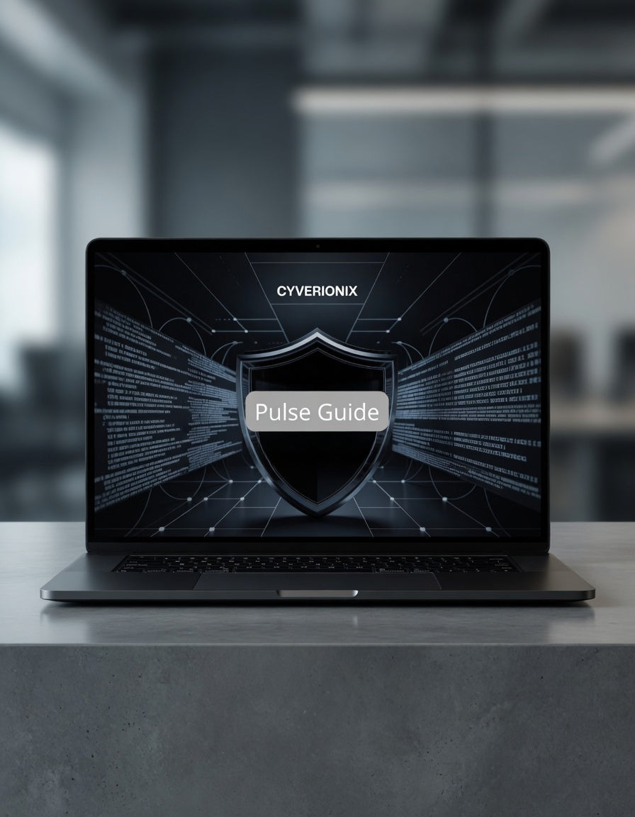 Laptop displaying Cyverionix Pulse Guide software on a blurred office background