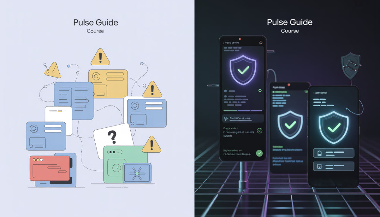 Two digital interface designs labeled 'Pulse Guide' with icons and a smartphone displaying security icons.