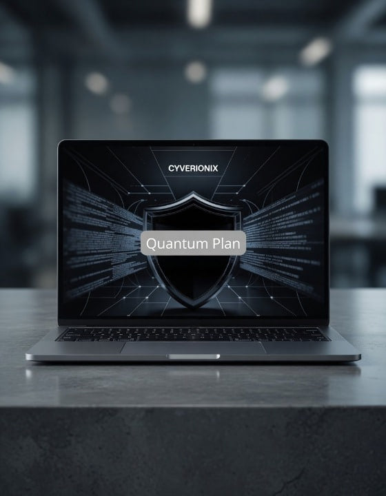 Laptop displaying 'Cyverionix Quantum Plan' on a blurred office background