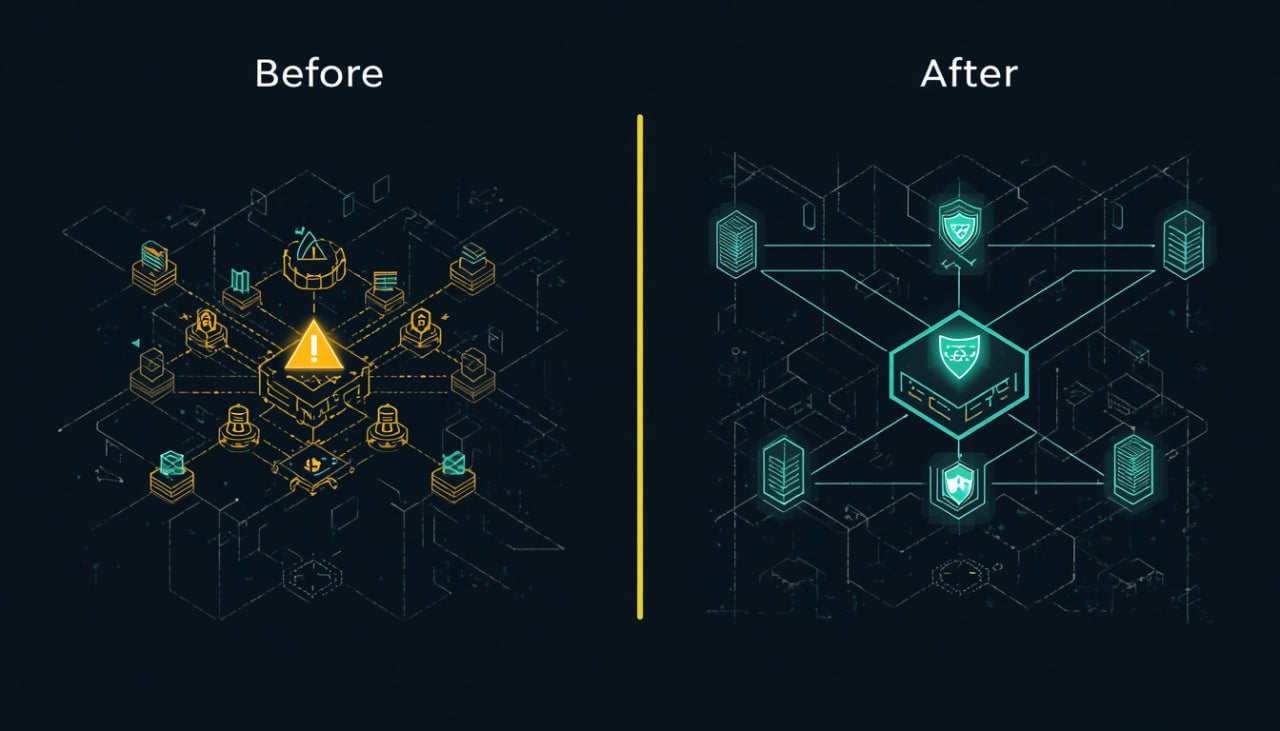 Comparison of network or system diagrams labeled 'Before' and 'After' on a dark background.