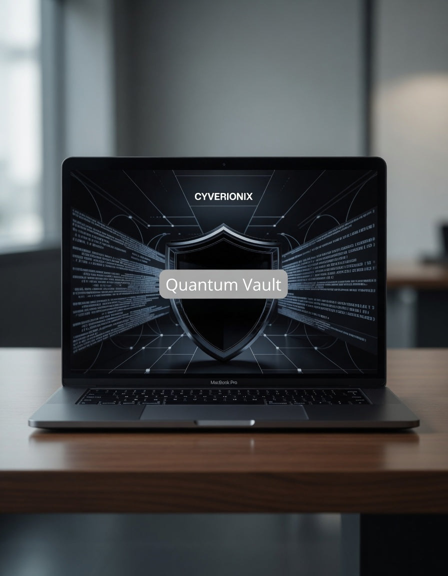 quantum vault cyverionix logo on laptop on wooden table