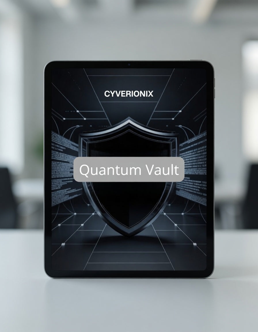 Cyverionix Quantum Vault device on a table with a blurred office background